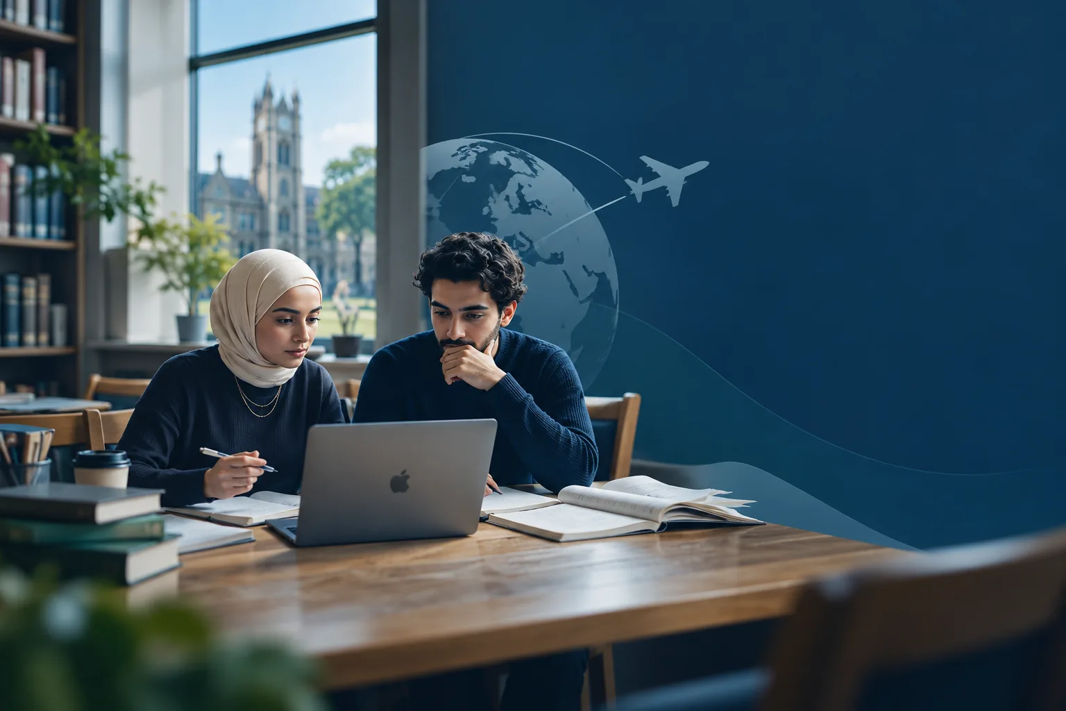 طالبان يتناقشان في مكتبة جامعية